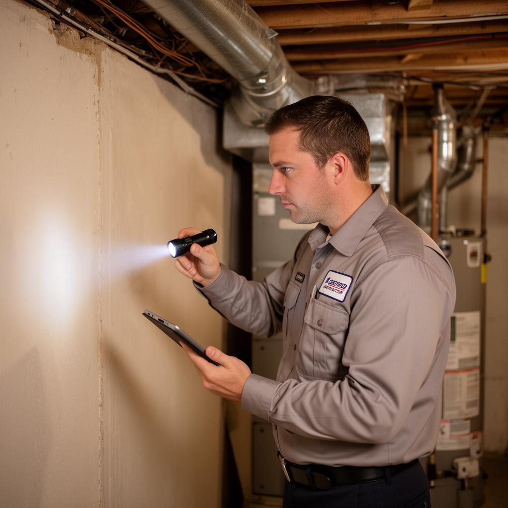 Certified technician inspecting a basement and HVAC system for mold
